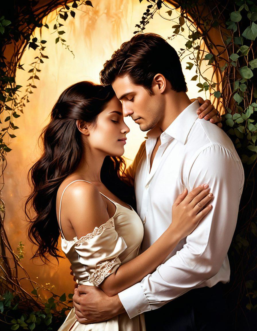 A serene and intimate moment between a couple, surrounded by soft, warm lighting that creates a romantic atmosphere. The couple is engaged in a tender embrace, their expressions reflecting love and connection. Incorporate abstract forms of art around them that symbolize fidelity and eroticism, such as intertwined vines and delicate petals. The background should have muted, calming colors to enhance the intimate feeling. super-realistic. soft focus. warm tones.