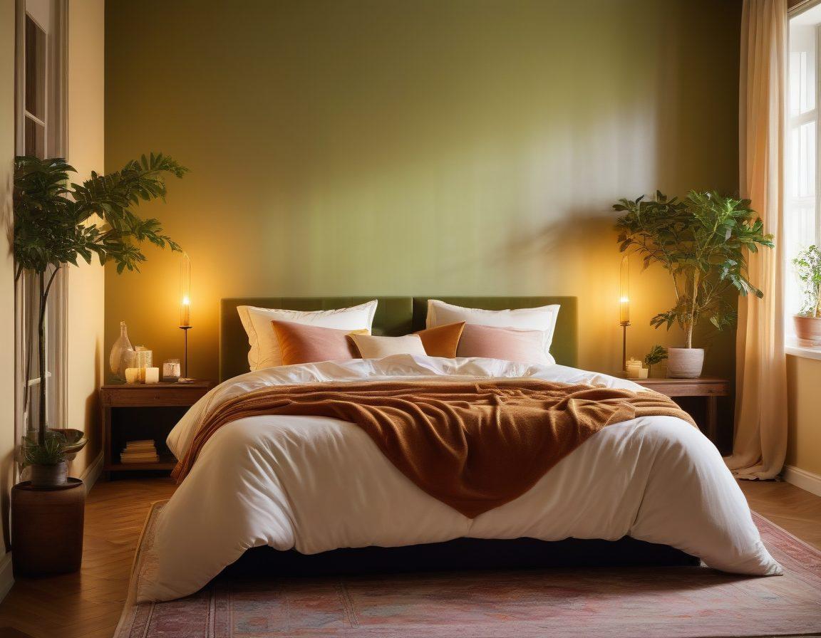 A warm, inviting bedroom scene bathed in soft, golden light, featuring a diverse couple sharing a tender moment, surrounded by plush pillows and delicate candles. Subtle heart-shaped motifs in the background symbolize love, while gentle touches of plants add a sense of nature and intimacy. The mood is serene and passionate, capturing the essence of joyful connection. super-realistic. vibrant colors. cozy atmosphere.