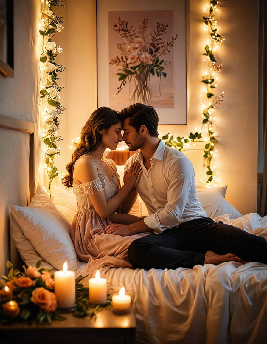 A serene, candle-lit bedroom setting with soft, warm tones, showcasing a couple sharing a tender moment, their hands intertwined. Surrounding them are delicate flowers and softly glowing fairy lights, enhancing the intimate atmosphere. Subtle hints of passion and connection are reflected in their expressions. The composition evokes feelings of love, empowerment, and tranquility. romantic art. warm colors. soft focus.